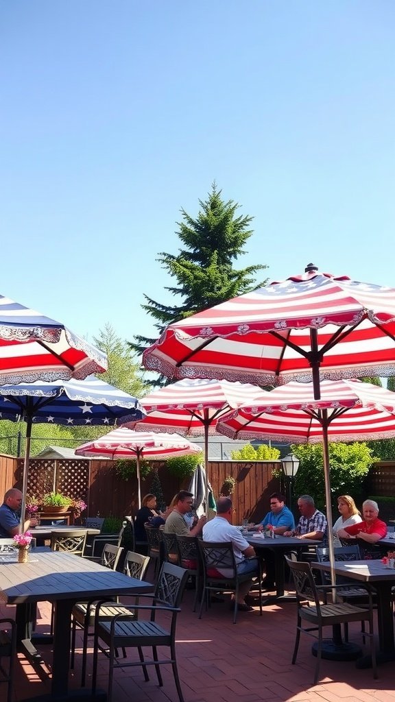 Parasols colorés sur le thème de l'Amérique dans un décor de patio
