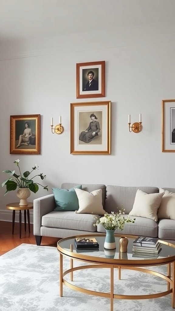 Uma sala de estar chique com detalhes em ouro antigo em molduras e arandelas.