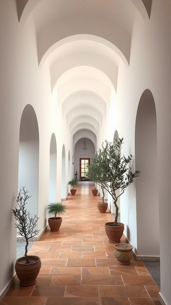 Um longo corredor com tetos abobadados e paredes de estuque, forrado com plantas em vasos.