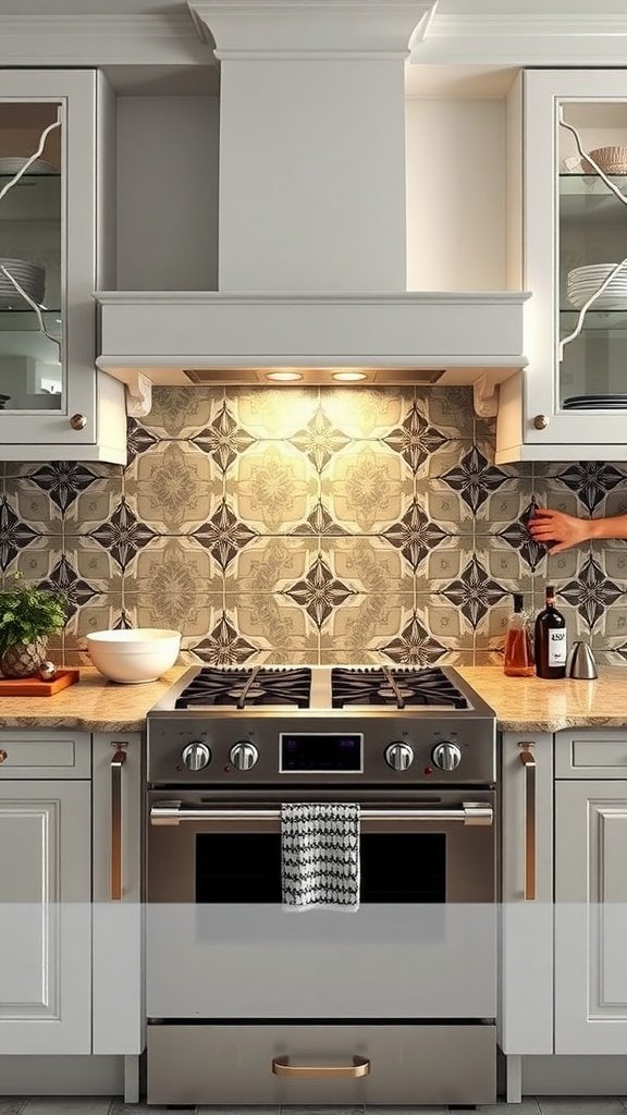Uma cozinha com backsplash de inspiração Art Déco com desenhos geométricos em tons de creme e escuros