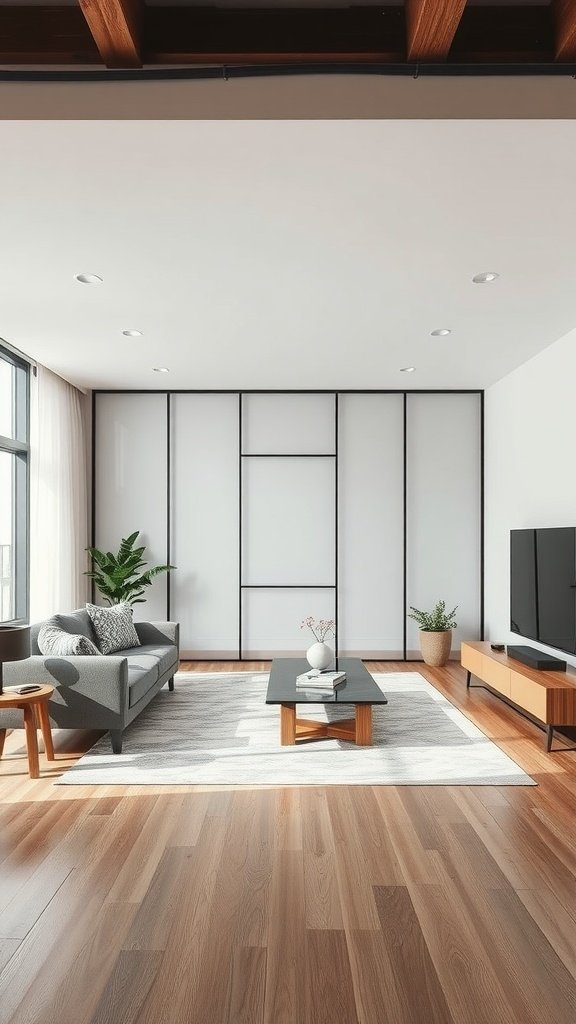 Un salon moderne avec un séparateur de pièce élégant, un canapé gris, une table basse et de la verdure.