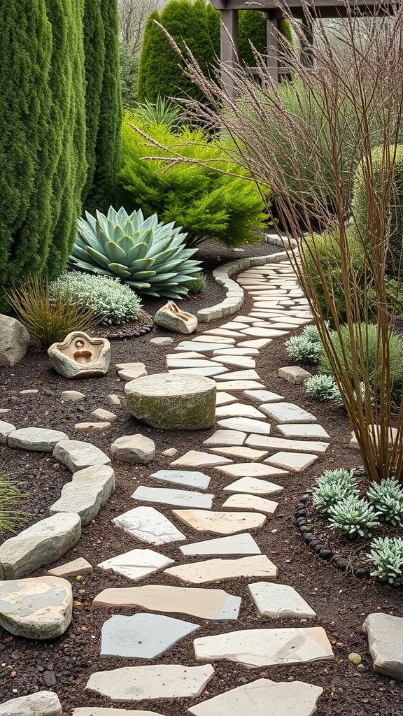 Um caminho sinuoso de jardim feito de vários pedaços de pedra, cercado por uma vegetação exuberante.