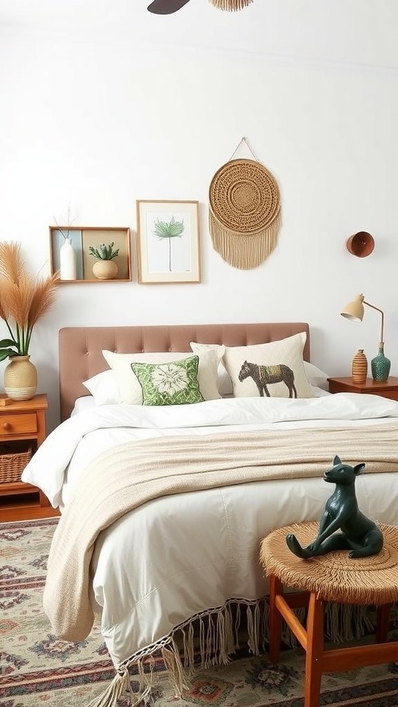 Une chambre bohème confortable avec un lit capitonné, des textiles élégants et une décoration artistique.