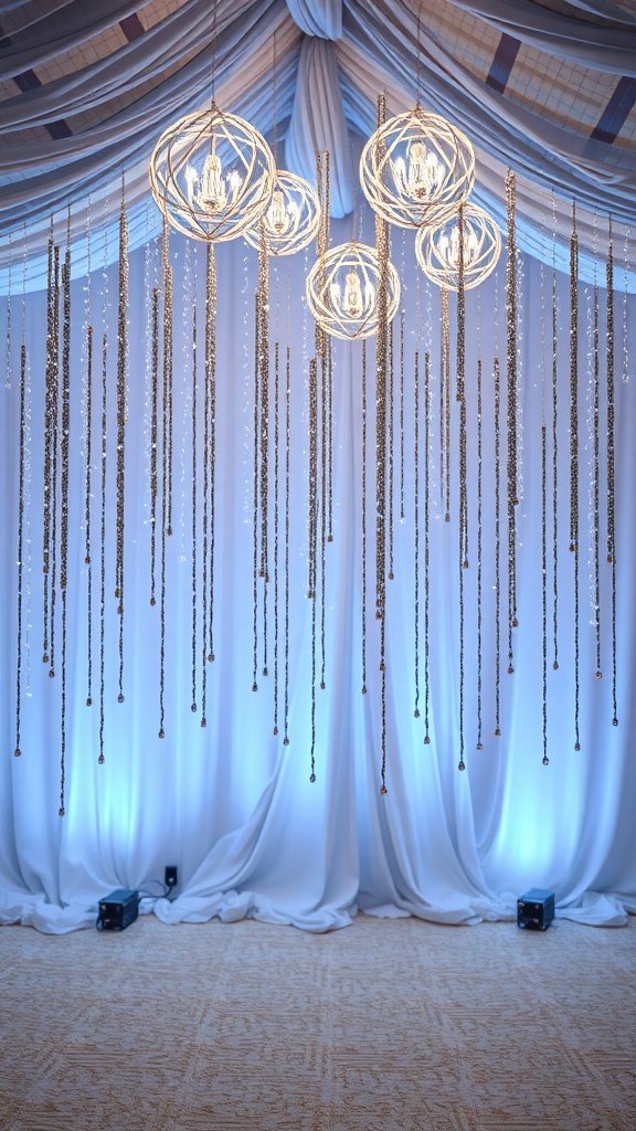 Luzes decorativas e elementos pendurados para uma festa de Ano Novo.