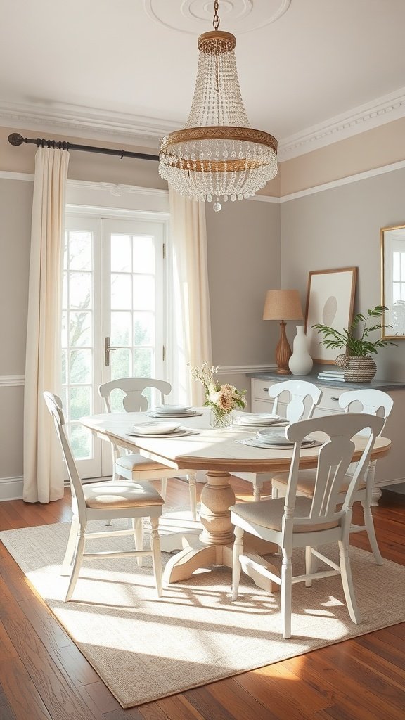 Uma sala de jantar aconchegante com um lustre de contas, mesa de madeira de cor clara e móveis macios, criando uma atmosfera acolhedora e convidativa.