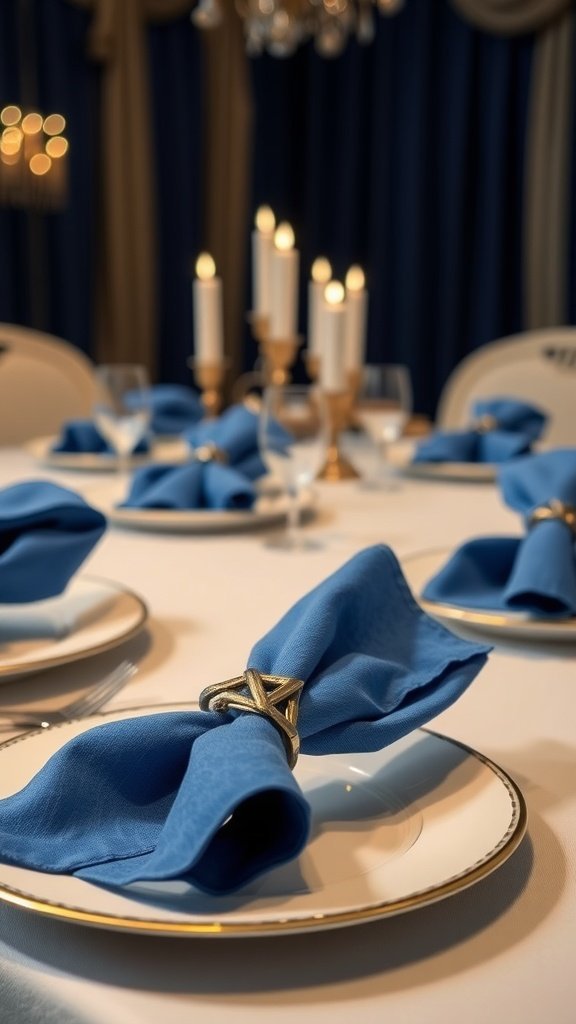 Serviettes bleues élégantes pliées sur des assiettes blanches sur une table de Hanoukka.