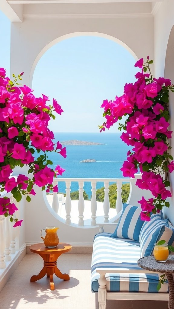 Uma linda varanda coberta de vibrantes flores buganvílias rosa com vista para o mar.