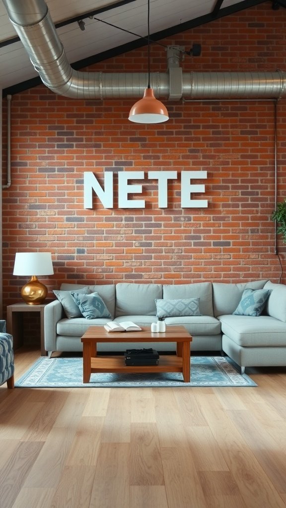 Espaço de convivência aconchegante com parede de tijolos e assentos confortáveis.