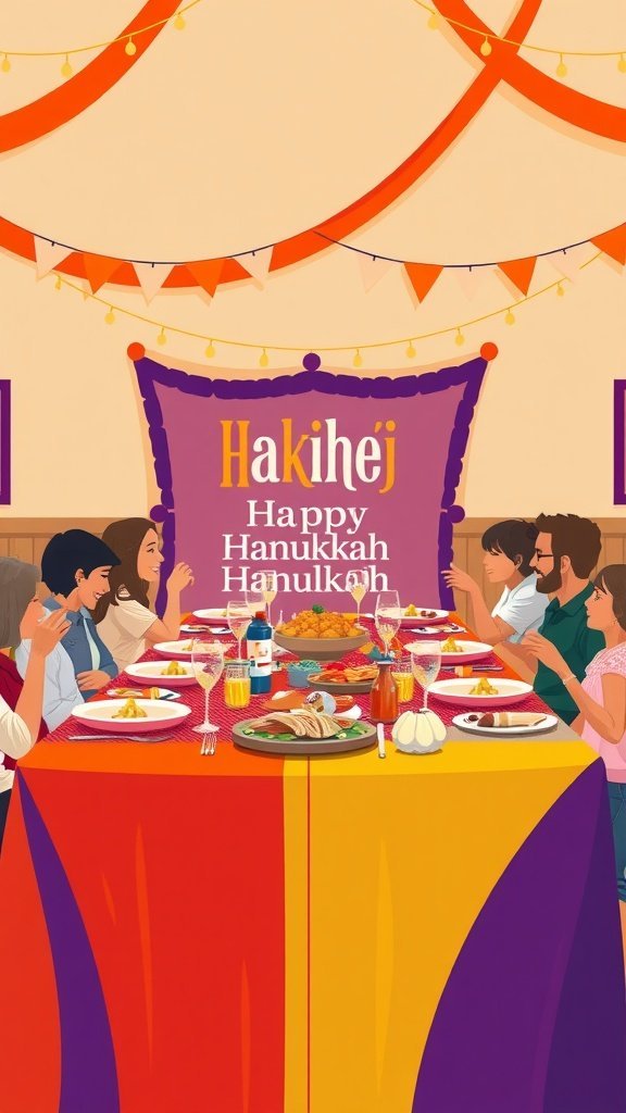 Une table de Hanoukka colorée avec une nappe vibrante et des décorations festives.