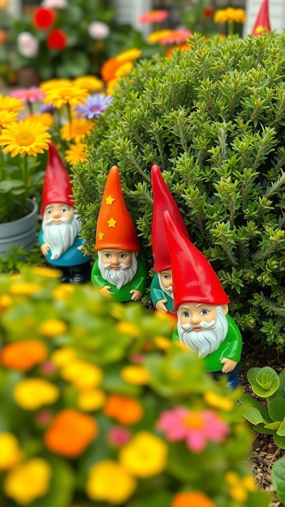 Gnomos de jardim de cerâmica coloridos entre flores vibrantes