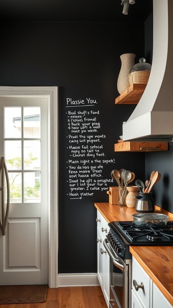 Parede de quadro negro com notas escritas à mão e elementos rústicos de cozinha.