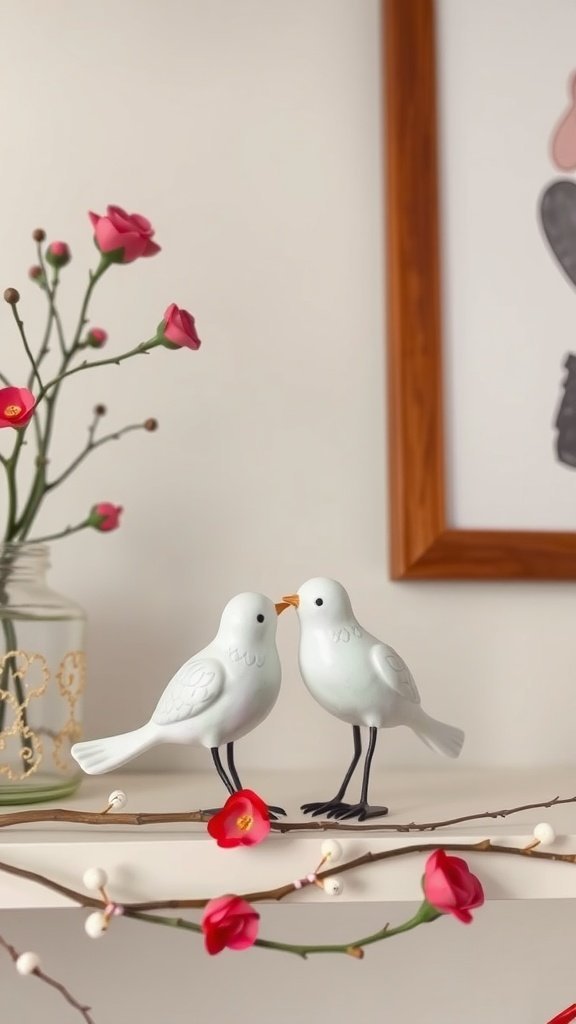 Encantadoras figuras de periquitos em uma prateleira com flores.