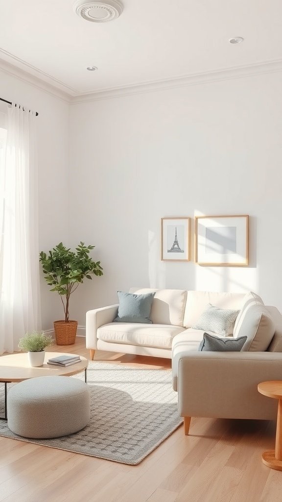 Uma sala de estar minimalista com cores neutras, com sofá, mesa de centro e planta.