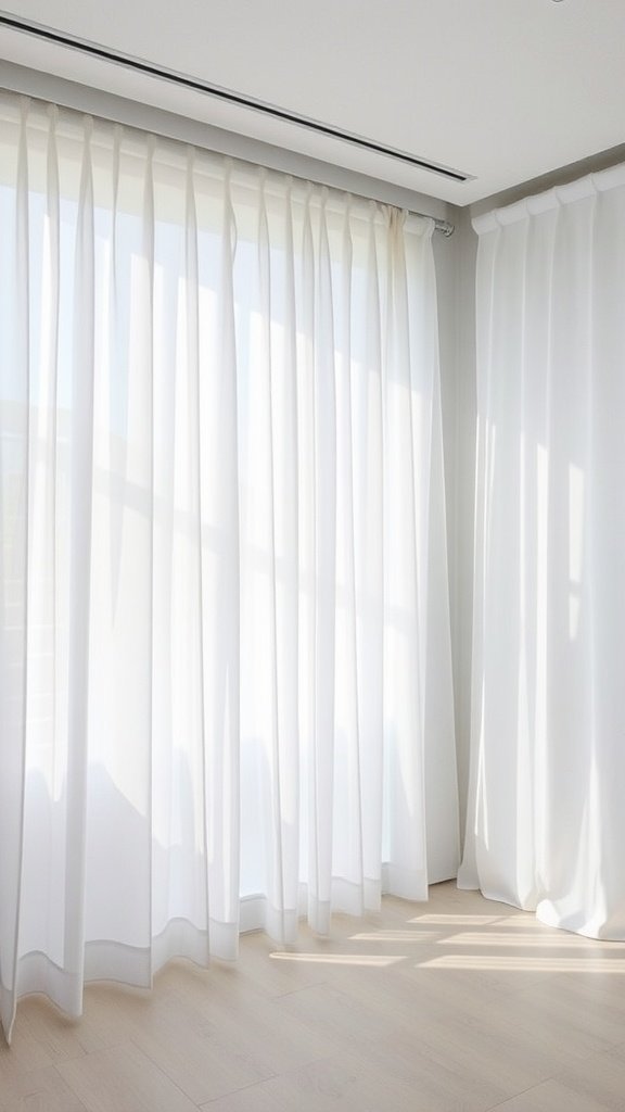 Espaço iluminado e arejado, com cortinas brancas simples que deixam entrar luz natural.