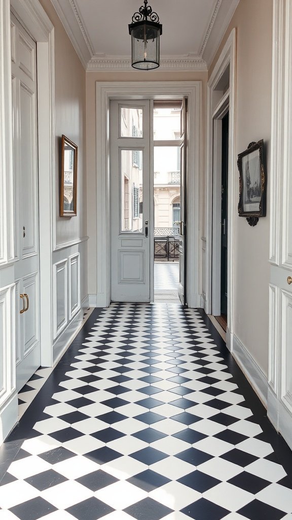 Um corredor com piso xadrez clássico em preto e branco, com detalhes arquitetônicos elegantes e luz natural.
