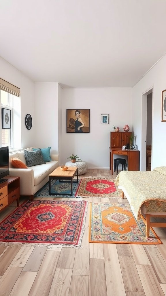 Un espace de vie confortable avec plusieurs tapis colorés pour le zonage.