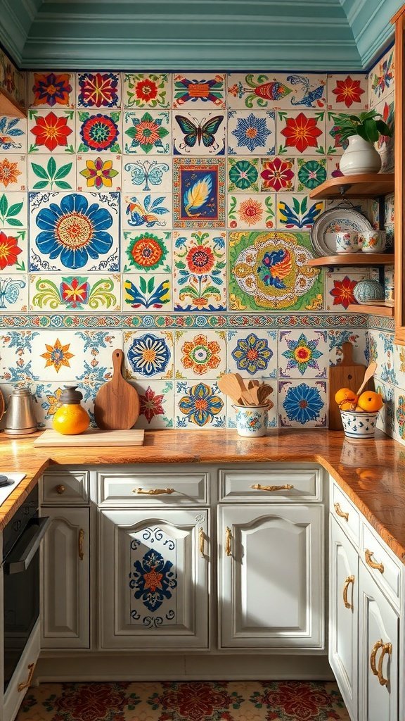 Uma cozinha com um backsplash vibrante de azulejos coloridos pintados à mão, exibindo intrincados desenhos florais e de borboletas.