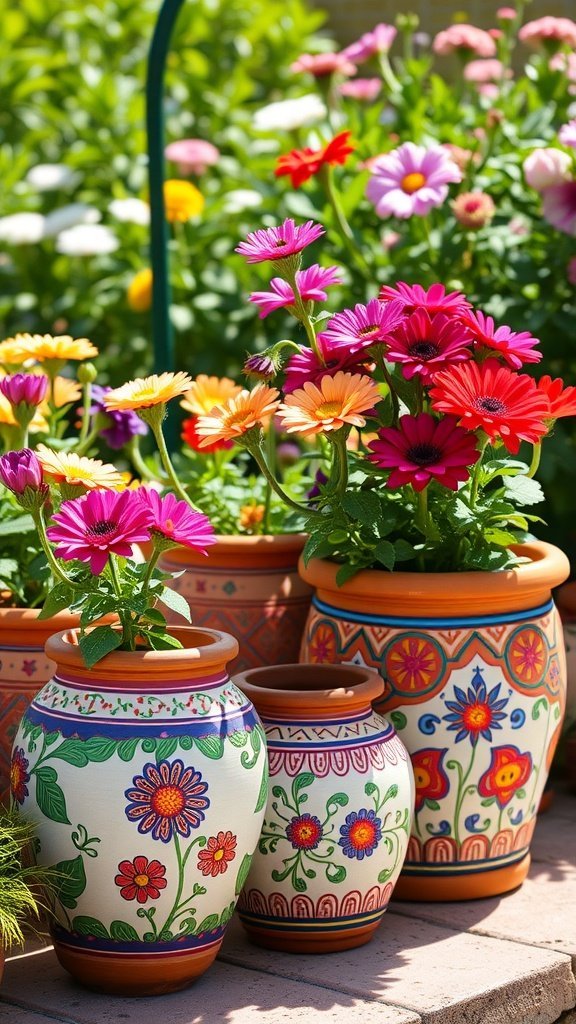 Uma coleção de vasos de terracota coloridos com flores em um jardim ensolarado.