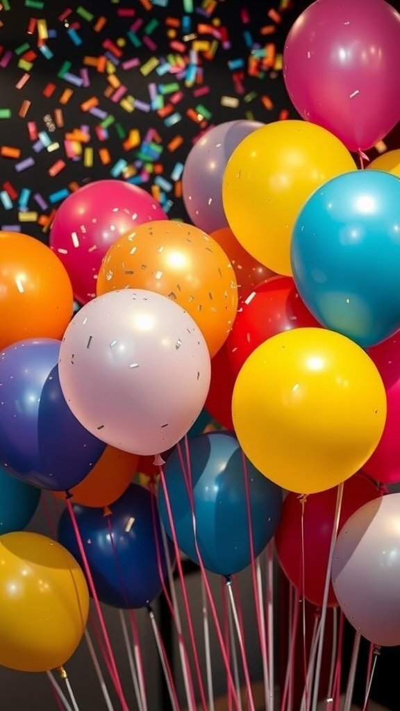 Um conjunto de balões coloridos cheios de confete, em um cenário de confete caindo.