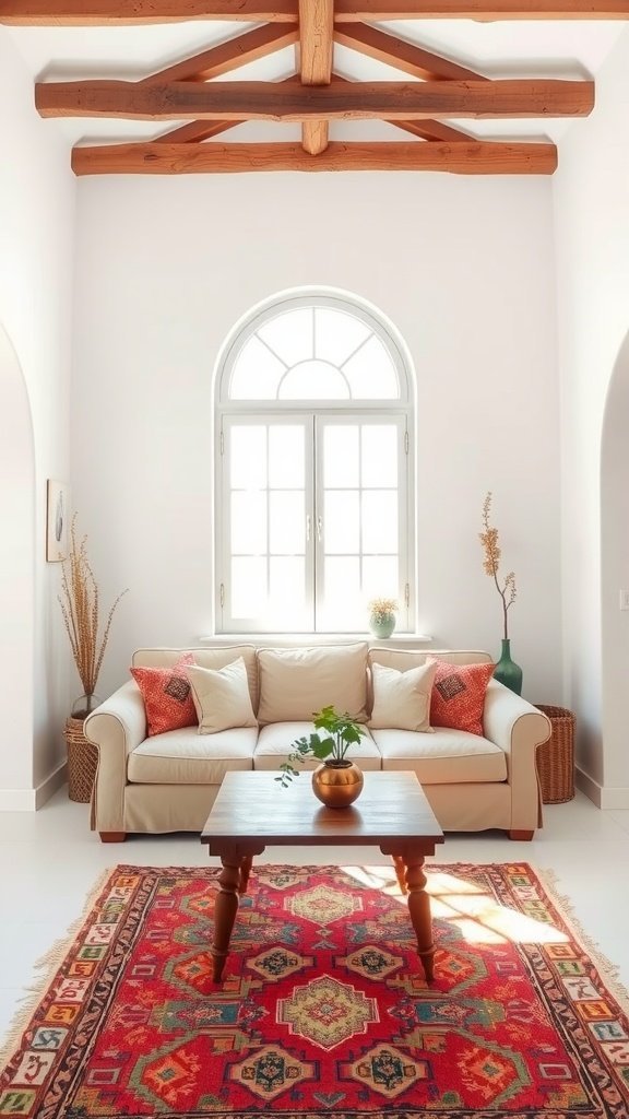 Sala de estar mediterrânea aconchegante com vigas de madeira e decoração colorida.