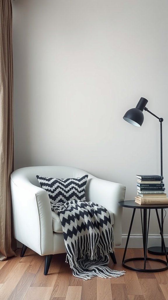 Um aconchegante recanto de leitura monocromático com uma cadeira branca com um cobertor estampado em preto e branco, uma pequena mesa lateral preta com livros e um abajur.