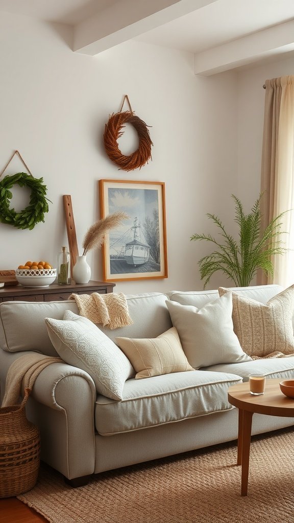 Sala de estar aconchegante em estilo de fazenda com sofá neutro, almofadas texturizadas, cesto de vime e elementos decorativos em tons terrosos.