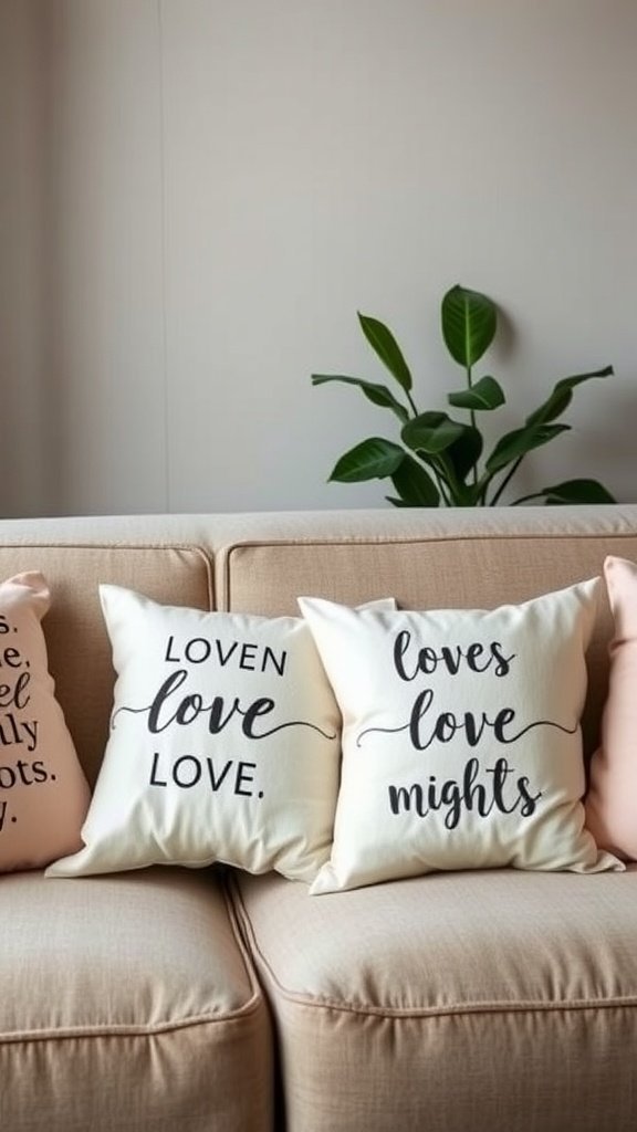 Almofadas aconchegantes com frases de amor em um sofá bege