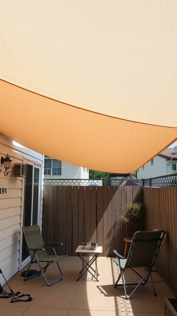 Uma área de pátio sombreada com uma vela sobre os assentos e uma mesa