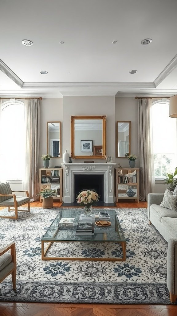 Uma sala de estar bem decorada com espelhos que valorizam o espaço.