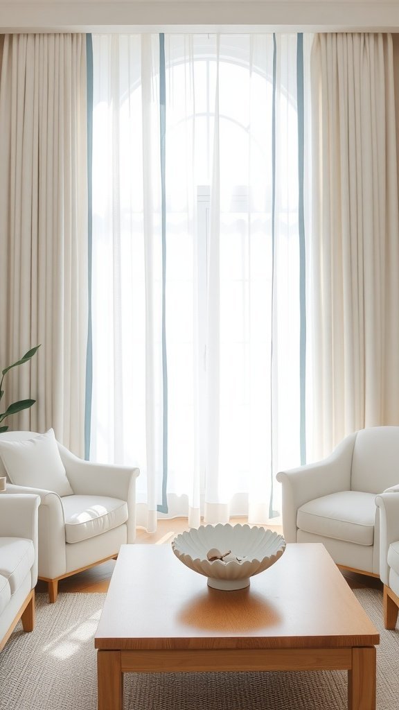 Sala de estar com cortinas brancas com detalhes em azul, exibindo uma estética aconchegante e litorânea.