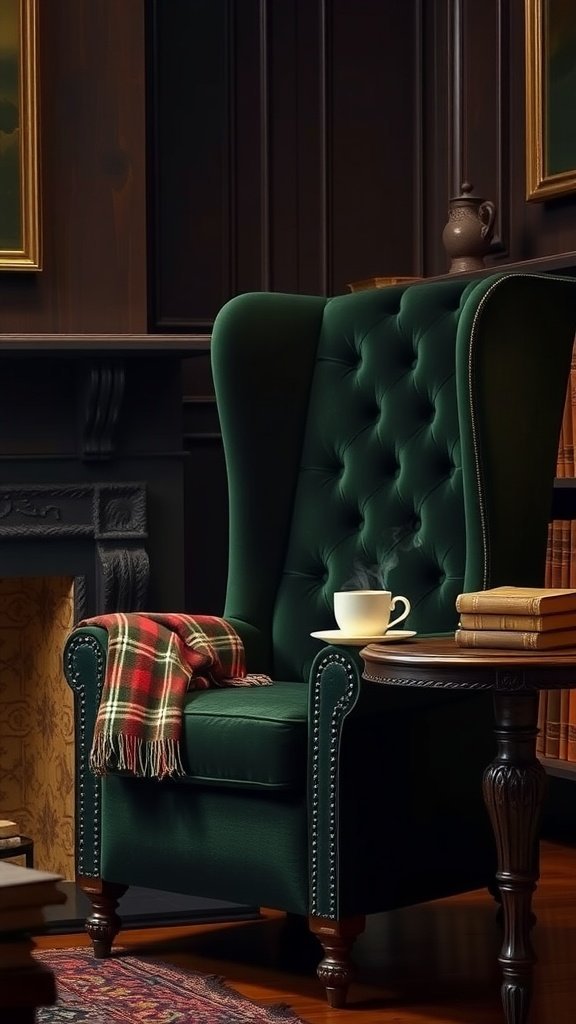 Uma poltrona de veludo verde escuro com uma manta xadrez, ao lado de uma pequena mesa de madeira com uma xícara de café e livros.