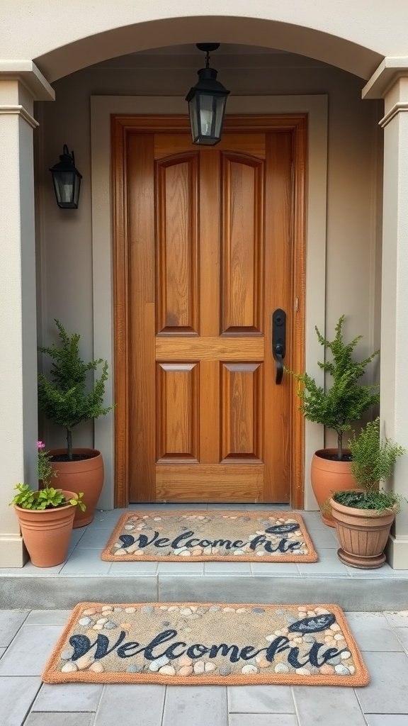 Dois tapetes de seixos com o texto "Bem-vindo" em uma varanda ao lado de uma porta de madeira marrom