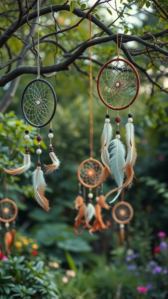 Caçadores de sonhos coloridos pendurados em um galho de árvore em um jardim
