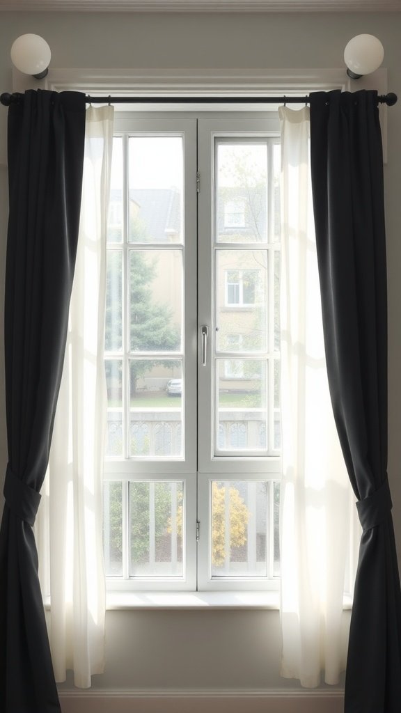 Uma janela com cortinas em dois tons, preto e branco, permitindo a entrada de luz solar.