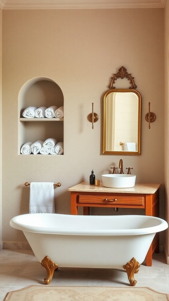 Elegante banheiro mediterrâneo com banheira independente, penteadeira de madeira e toalhas cuidadosamente organizadas.