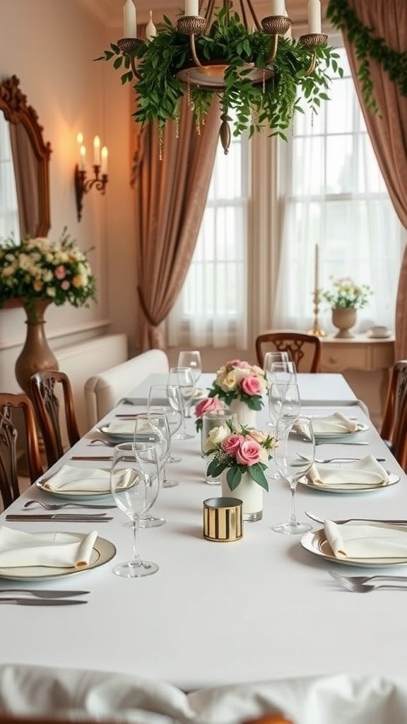 Uma mesa de jantar lindamente posta com porcelana fina, copos e um centro de mesa floral.