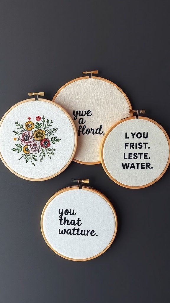 Quatro bastidores de bordado com desenhos florais e texto em um fundo escuro.