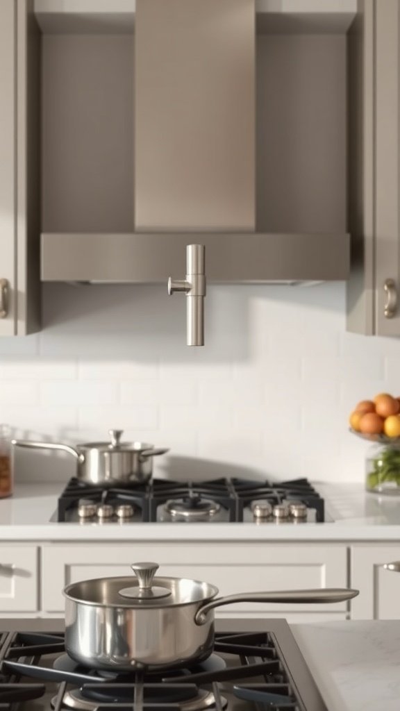 Uma cozinha moderna com uma torneira de enchimento de panelas acima do fogão, com panelas e uma tigela de laranjas ao fundo.