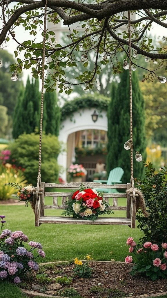 Um balanço floral com rosas e outras flores em um jardim