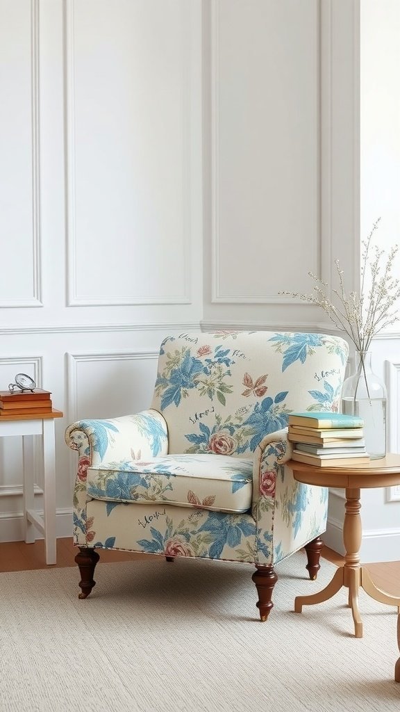 Uma poltrona estofada com motivos florais em uma sala iluminada com paredes brancas e piso de madeira.