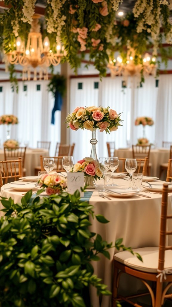 Lindo arranjo de mesa com centro de mesa em formato de coroa de flores e decoração elegante.