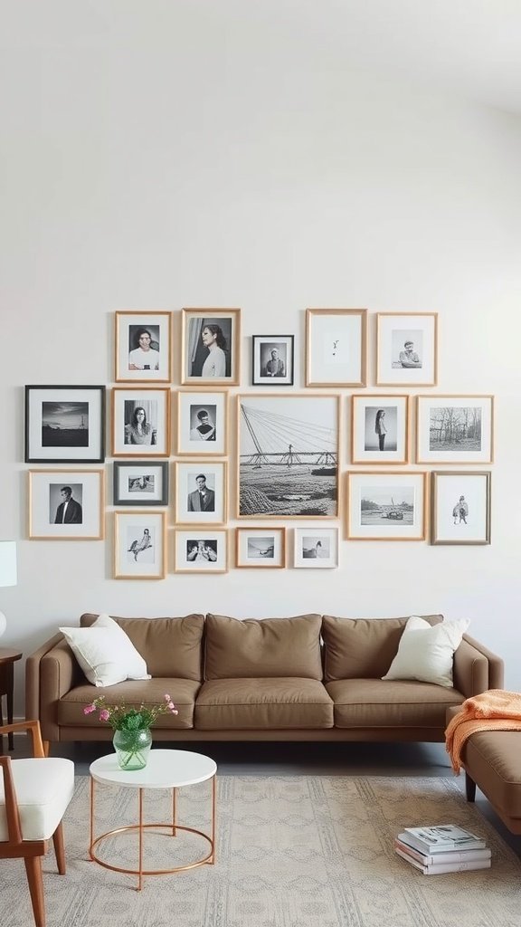 Parede de galeria com várias fotos emolduradas acima de um sofá aconchegante
