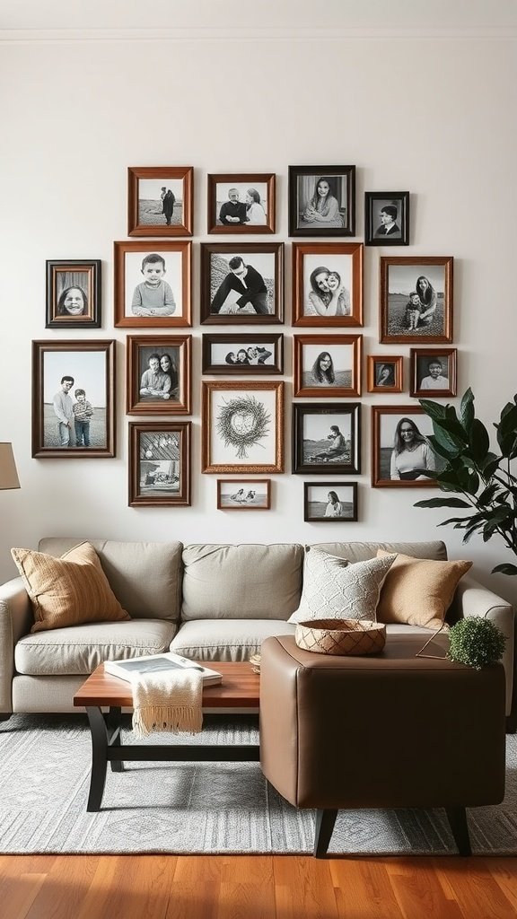 Uma sala de estar rústica de fazenda com uma parede de galeria com fotos de família em molduras de madeira, um sofá bege e uma mesa de centro aconchegante.