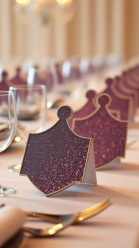 Marque-places scintillants en forme de toupie sur une table de fête