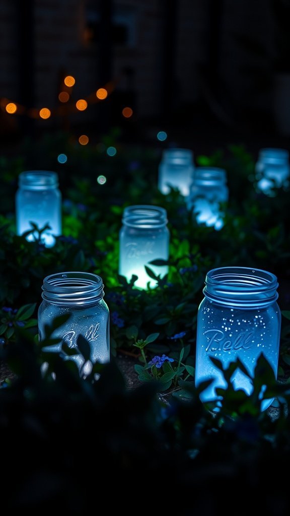 Une scène nocturne avec des pots Mason phosphorescents illuminant un jardin.