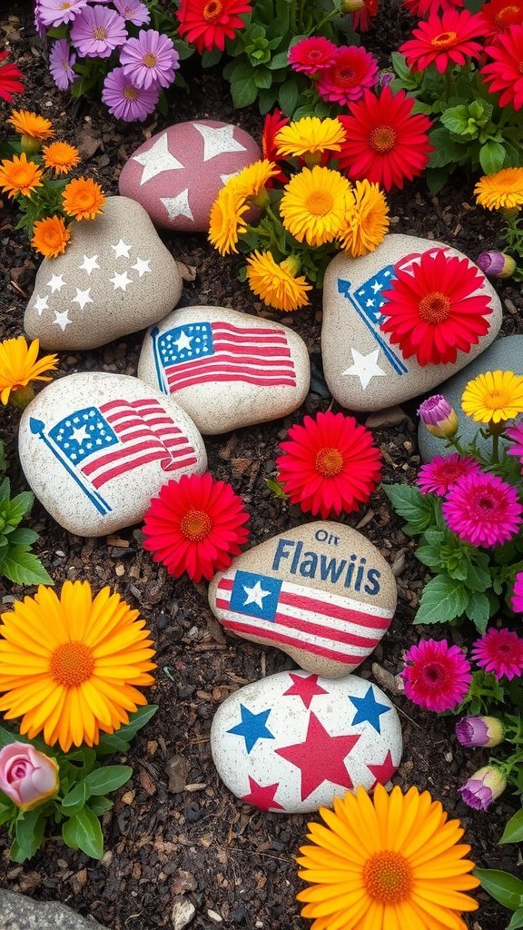 Pierres de jardin colorées peintes à la main avec des motifs patriotiques parmi des fleurs vibrantes.