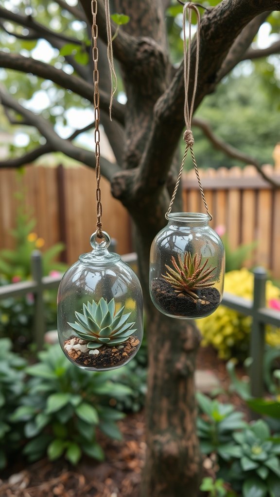 Dois terrários de vidro suspensos com suculentas, suspensos em uma árvore.