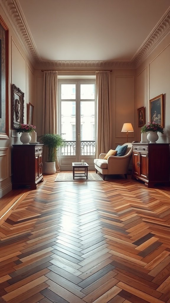 Um quarto aconchegante com piso de madeira espinha de peixe e decoração elegante.