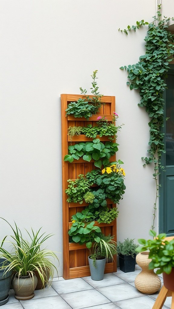 Floreira vertical de madeira cheia de plantas verdes exuberantes contra uma parede