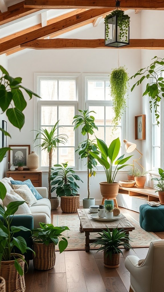 Uma aconchegante sala de estar rústica de fazenda repleta de diversas plantas de interior, incluindo plantas penduradas e vasos verdes, exibindo vigas de madeira e decoração aconchegante.